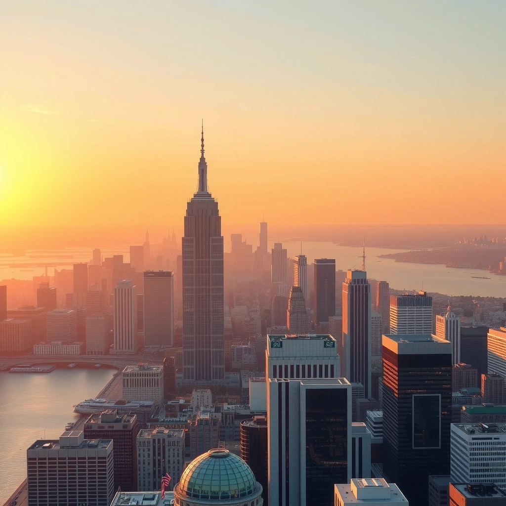 Вид на американский город с небоскребами на закате